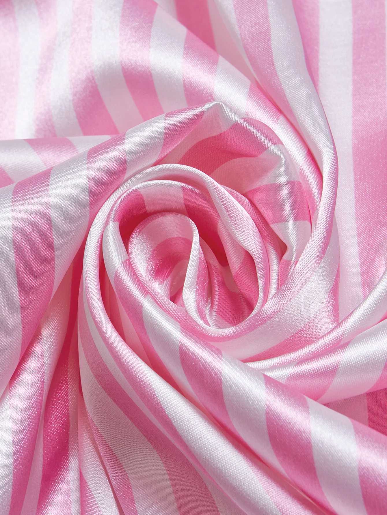 Women's Satin Pajama Set - Pink Striped, Monogram Detail, Contrast Piping, Comfortable Short-Sleeve LoungewearT260212