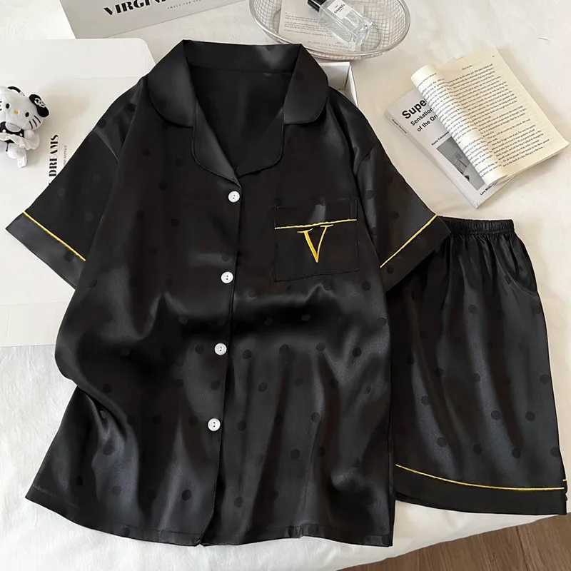 Women's Satin Pajama Set - Breathable Satin, Black Polka Dot, Gold Trim, Comfortable Summer SleepwearT260212