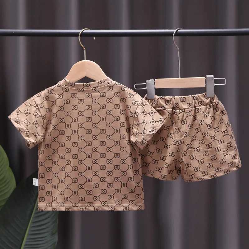 Kids Casual Set - Retro Monogram Print, Cute Bear Embroidery, Breathable Cotton, Elastic Waist Shorts, Practical Pocket 2-Piece Summer SetT260212