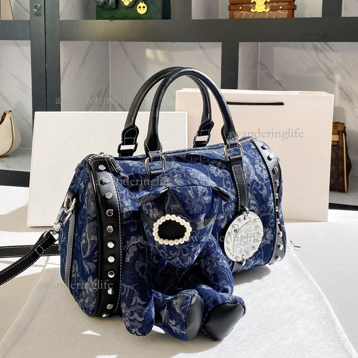 2026 Luxury New Retro Boston Bag High-end Commuting Denim Women's Shoulder Bag Fashionable Versatile Mini Rivet Student Casual Bag Trendy Pendant