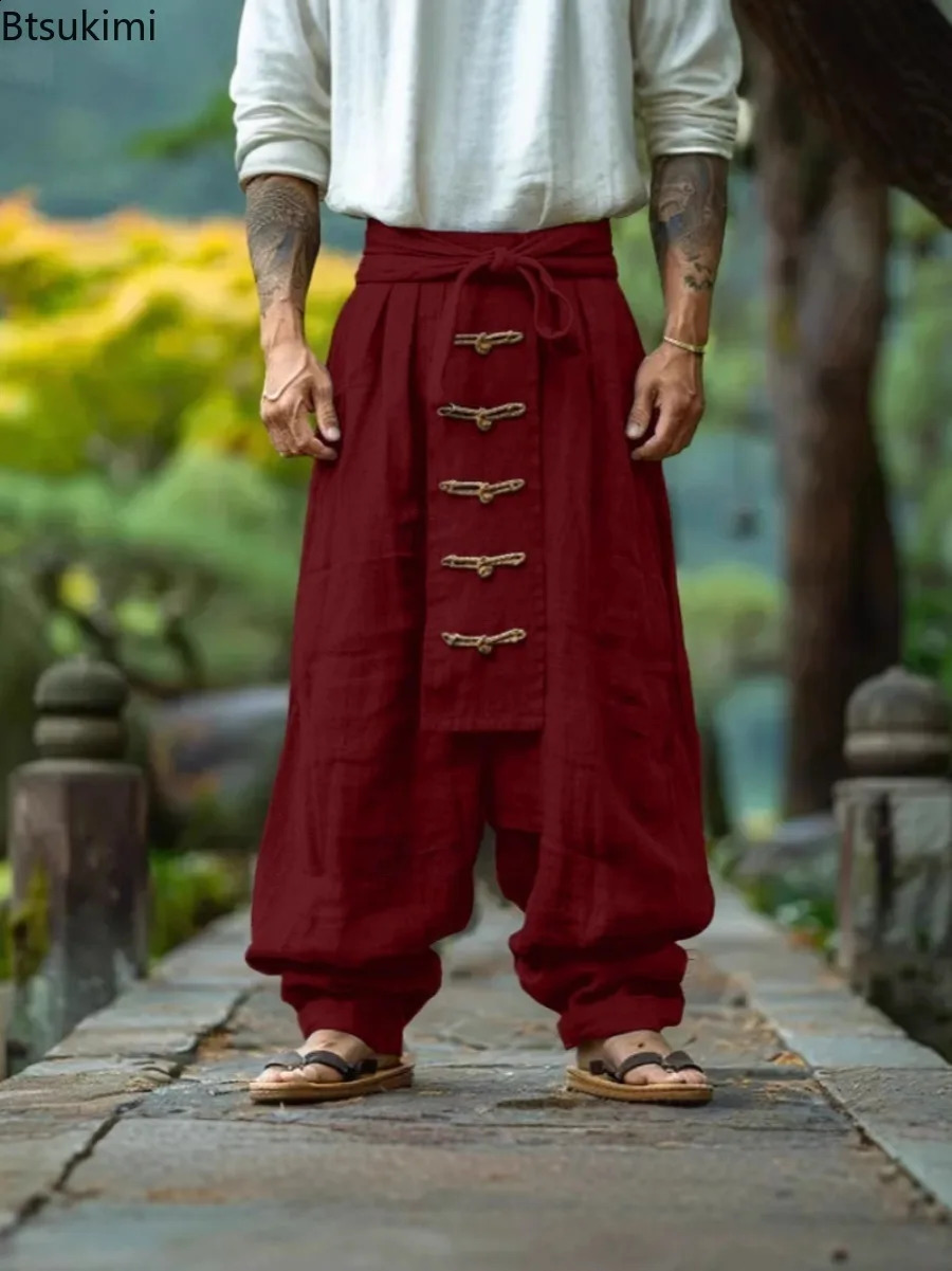 Ethnic Style Casual Cotton Linen Wide Leg Pants Spring Summer Mens Solid Color Lace-up Baggy Pants Vintage Streetwear Male 260311