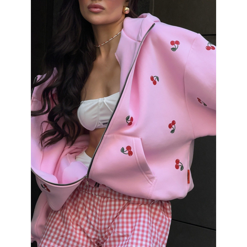 2026 New Design Luxury Brand - Stylish Urban Style Fashion Brand For Women - Loose And Multi-functional Outdoor Sports Pullover With Cherry Pattern