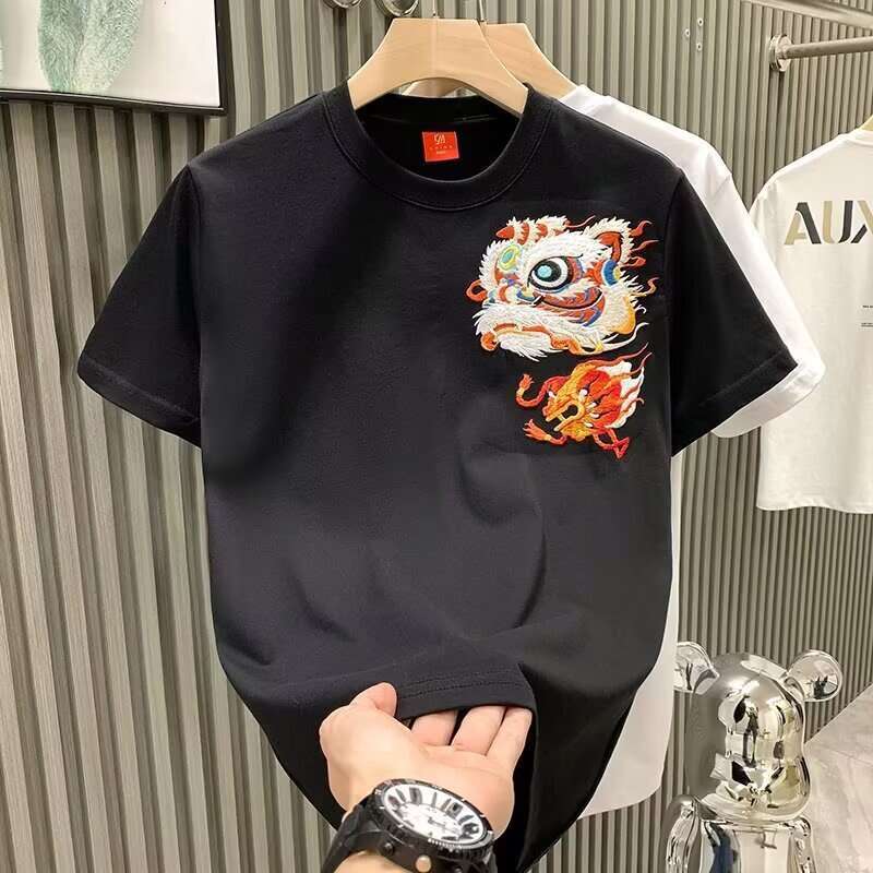 Men's Summer Short T-Shirt National Trend Lion Dance Chinese Style Half Sleeve Tee Trendy Versatile Base Shirt