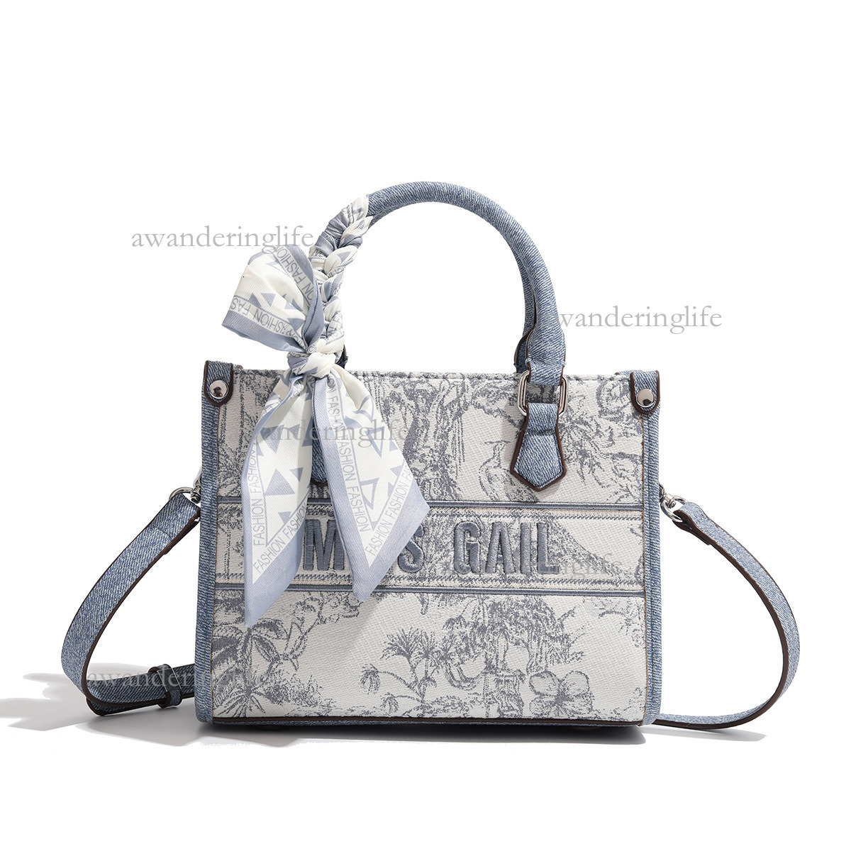 2026 Advanced Luxury Texture Letter Embroidered Handbag Fashion Small Square Bag Women's New Denim Splicing Single Shoulder Crossbody Bag Shoppin