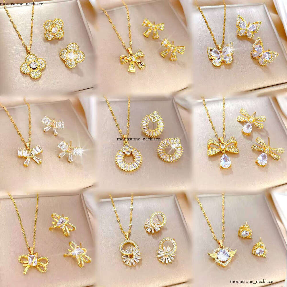 Jewelry for Women Shiny Sterling Silver 18k Gold VVS Moissanite Clover Bow Butterfly Pendant Necklace Earring Set Gift