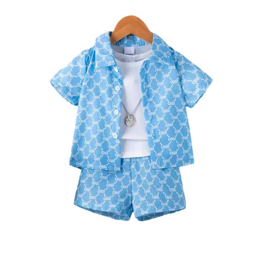 Kids Casual Set - All-over "cool" Print Turn-Down Collar Shirt, Elastic Waist Shorts, Breathable Blue Summer 2-Piece SetT260212