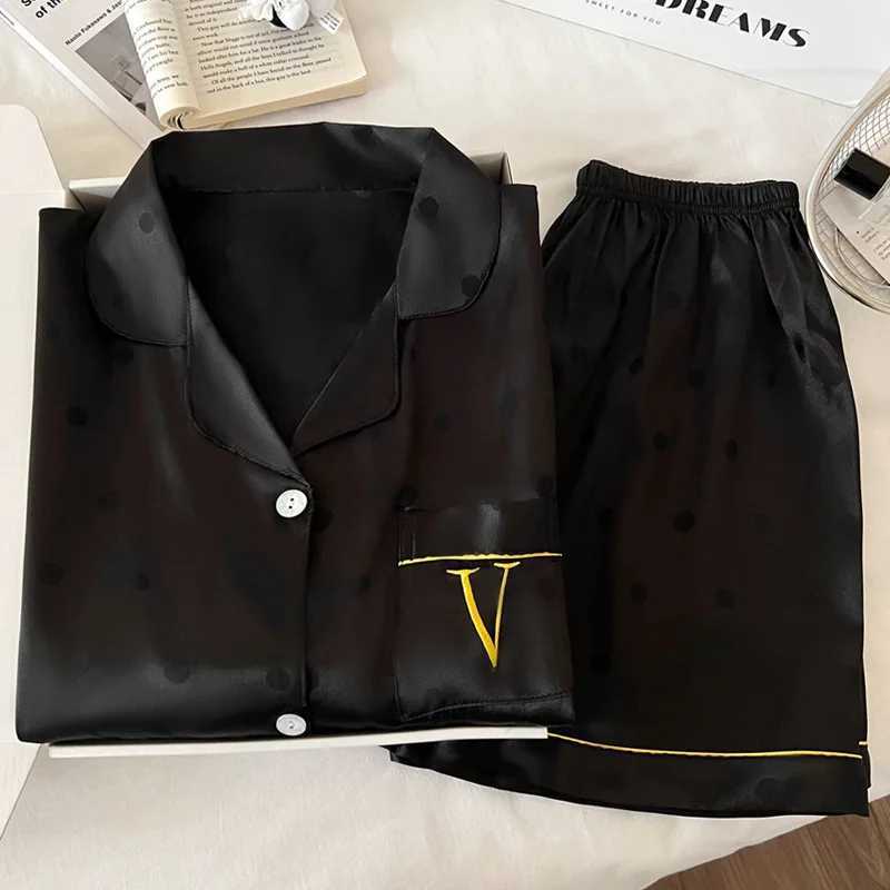 Women's Satin Pajama Set - Breathable Satin, Black Polka Dot, Gold Trim, Comfortable Summer SleepwearT260212