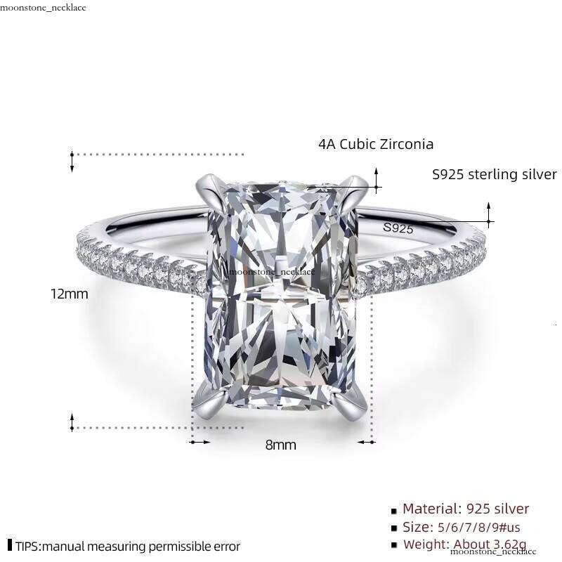VVS Moissanite JZ1385 New Luxury Large Rectangular Radiant Cut Straight Pull Women's Wedding Engagement Ring Elegant Fashion Jewelry for Evening 