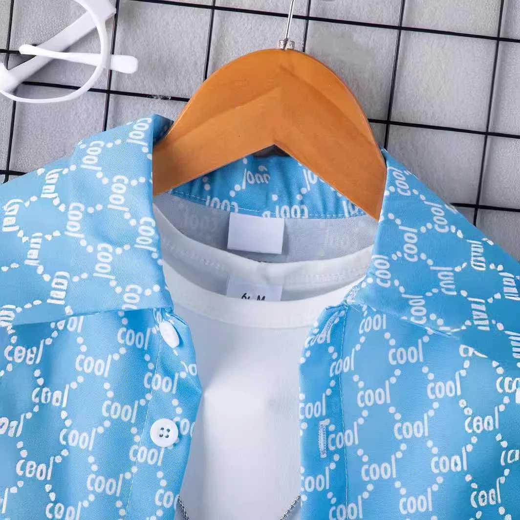 Kids Casual Set - All-over "cool" Print Turn-Down Collar Shirt, Elastic Waist Shorts, Breathable Blue Summer 2-Piece SetT260212