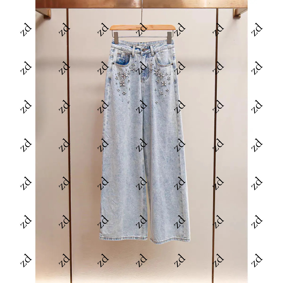 High-Quality Celebrity Style SP Home Small Flower Rhinestone Blue Jeans High Waist Loose Slimming Wide-Leg Casual Long Pants