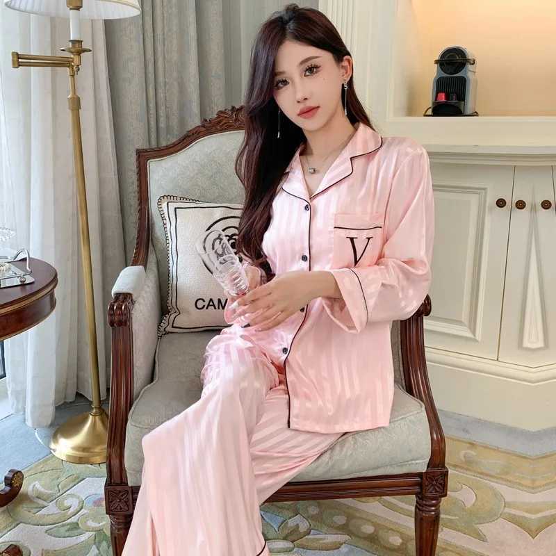 Striped Jacquard, Monogram Pocket, Contrast Piping, Long Sleeve Long Pants Lightweight Sleepwear for Spring & AutumnT260212