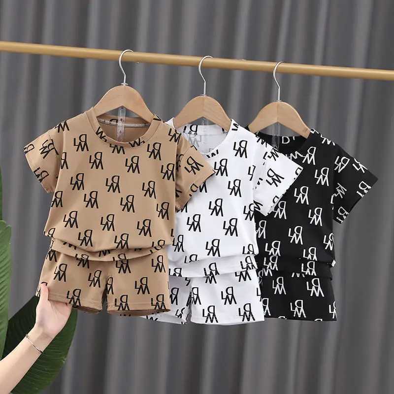 Kids Casual Set - Trendy All-Over Letter Print, Two-Color Options, Breathable Fabric, Summer 2-Piece SetT260212