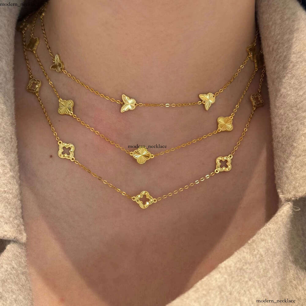 New 925 Sterling Silver Jewelry Gold Plated Clover Pendant Women's Laser Tassel Butterfly Forest Necklace