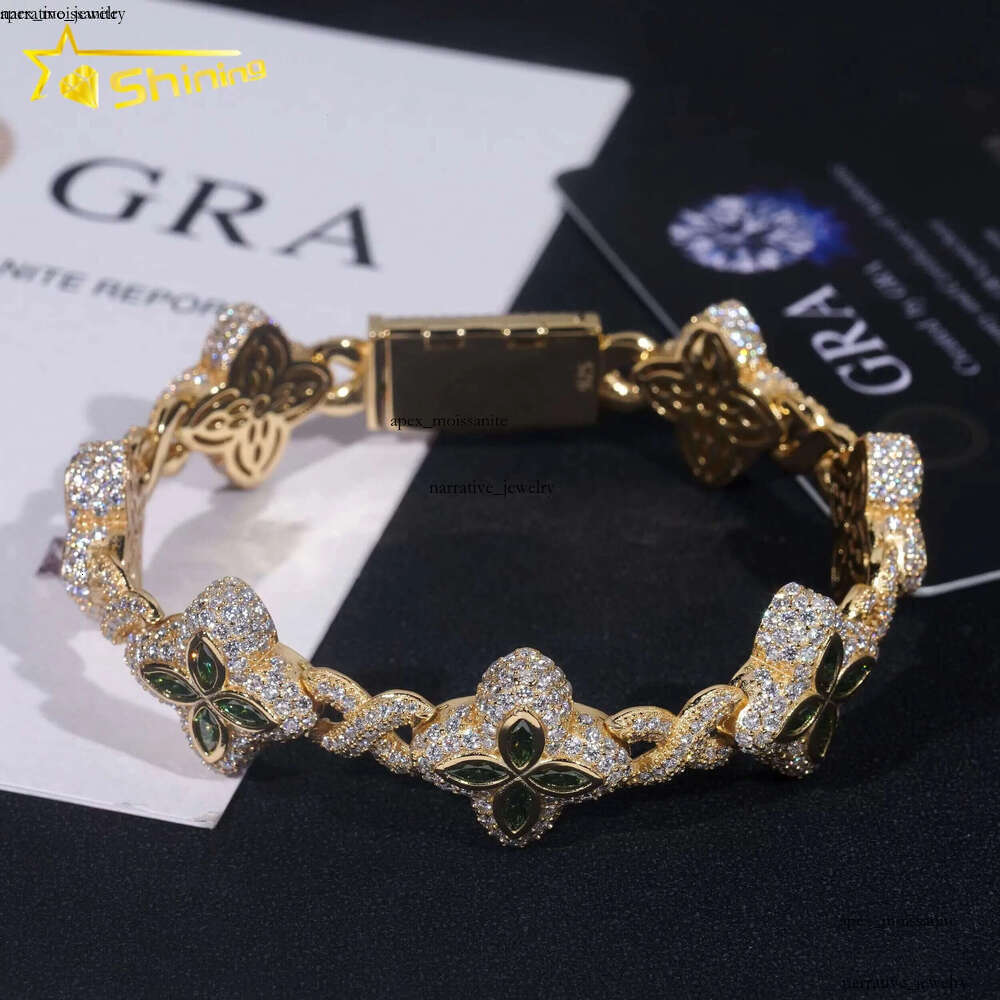 New Stocks Pass Diamond Tester Silver 925 Gold Plated Hip Hop Jewelry Custom Colored Moissanite Clover Cuban Bracelet 10