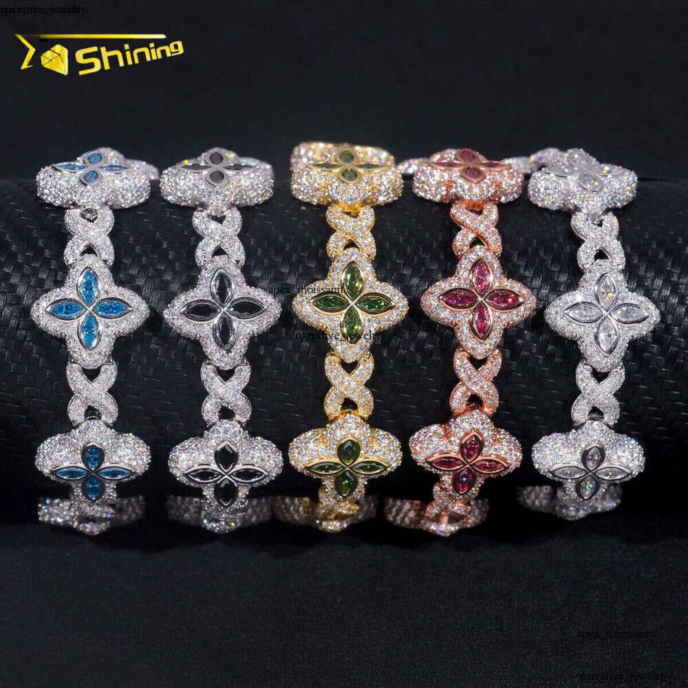 New Stocks Pass Diamond Tester Silver 925 Gold Plated Hip Hop Jewelry Custom Colored Moissanite Clover Cuban Bracelet 10