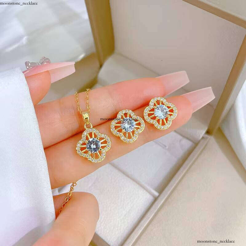 Jewelry for Women Shiny Sterling Silver 18k Gold VVS Moissanite Clover Bow Butterfly Pendant Necklace Earring Set Gift