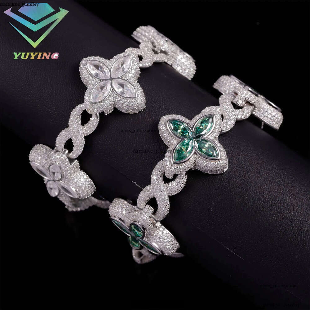 Yy New Design Iced Out Clovers Vvs Moissanite Cuban Chain 925 Sterling Silver Fine Jewelry Bracelets for Men Women 83