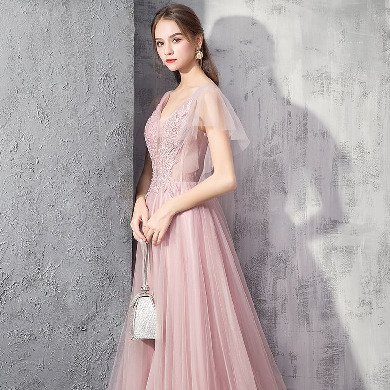 Elegant Pink Evening Dresses A Line V Neck Appliques Tulle Long Bridesmaids Prom Gowns For Women Formal Occasion Robes F12 B0312