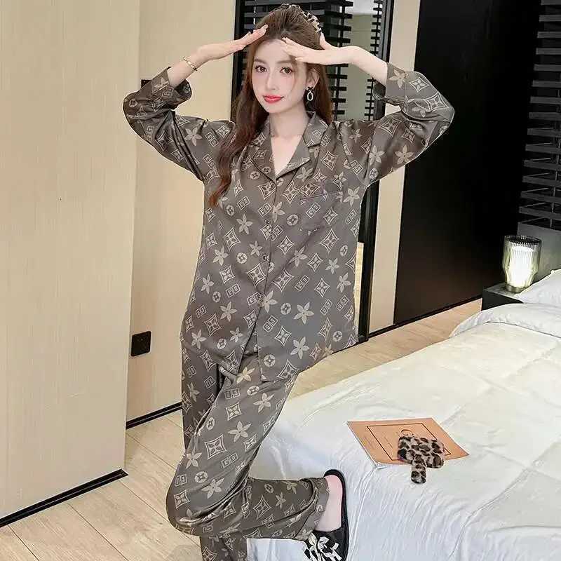 Women's Satin Pajama Set - Monogram Print, Button-Front, Comfortable Loungewear for All SeasonsT260212