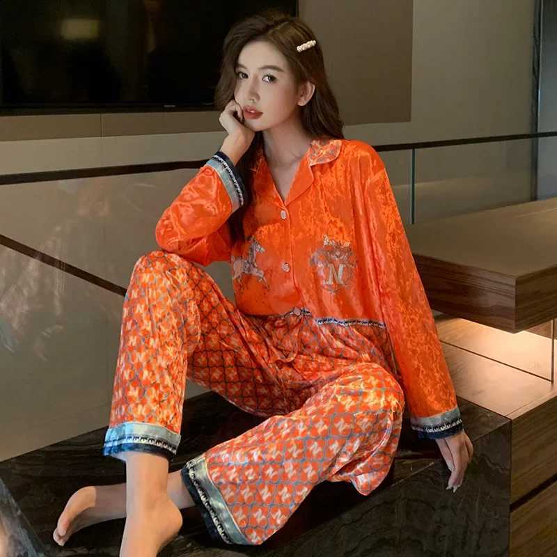 Women's Satin Pajama Set - Vibrant Orange, Horse Embroidery, Contrast Trim, Comfortable LoungewearT260212