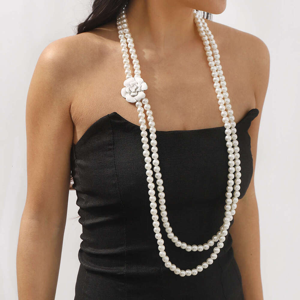 Necklaces for Women New Multi Layer Pearl Camellia Flower Pendant Fashion Ins Versatile Long Sweater Chain Jewelry