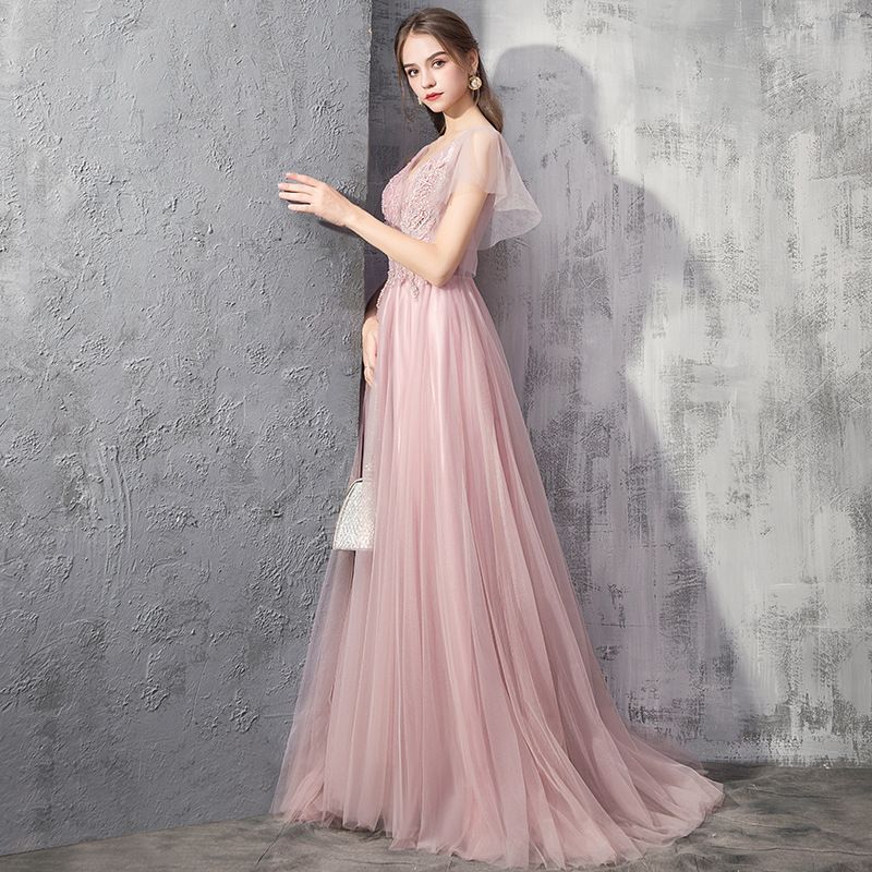 Elegant Pink Evening Dresses A Line V Neck Appliques Tulle Long Bridesmaids Prom Gowns For Women Formal Occasion Robes F12 B0312