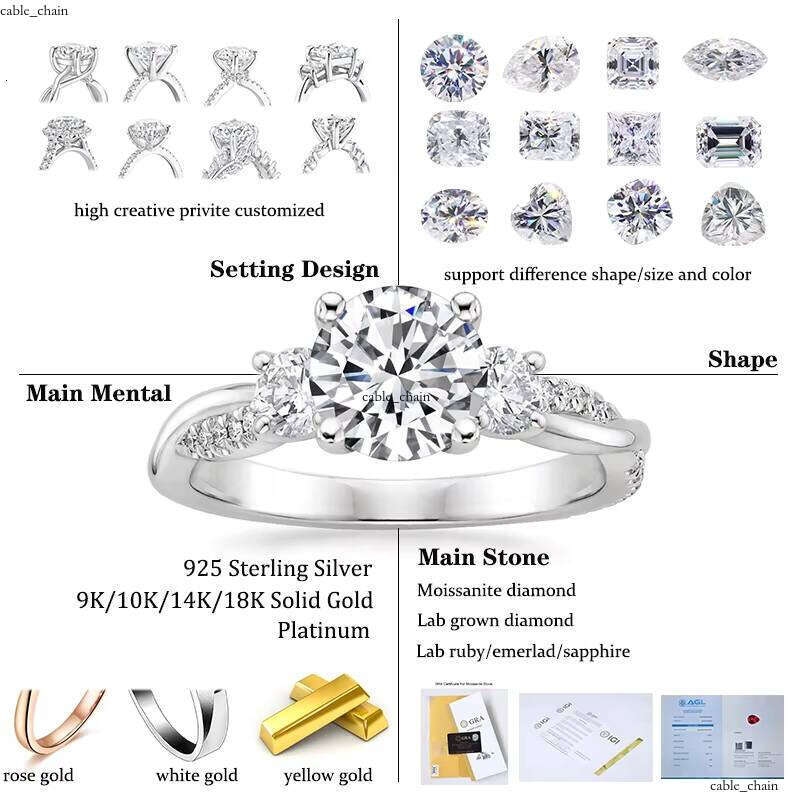 VVS Moissanite 8.5x8.5mm 3 CT Cushion Cut Wedding 18K 14K Pure Gold Jewelry 925 Sterling Silver Carbon Silicon Stone Ring