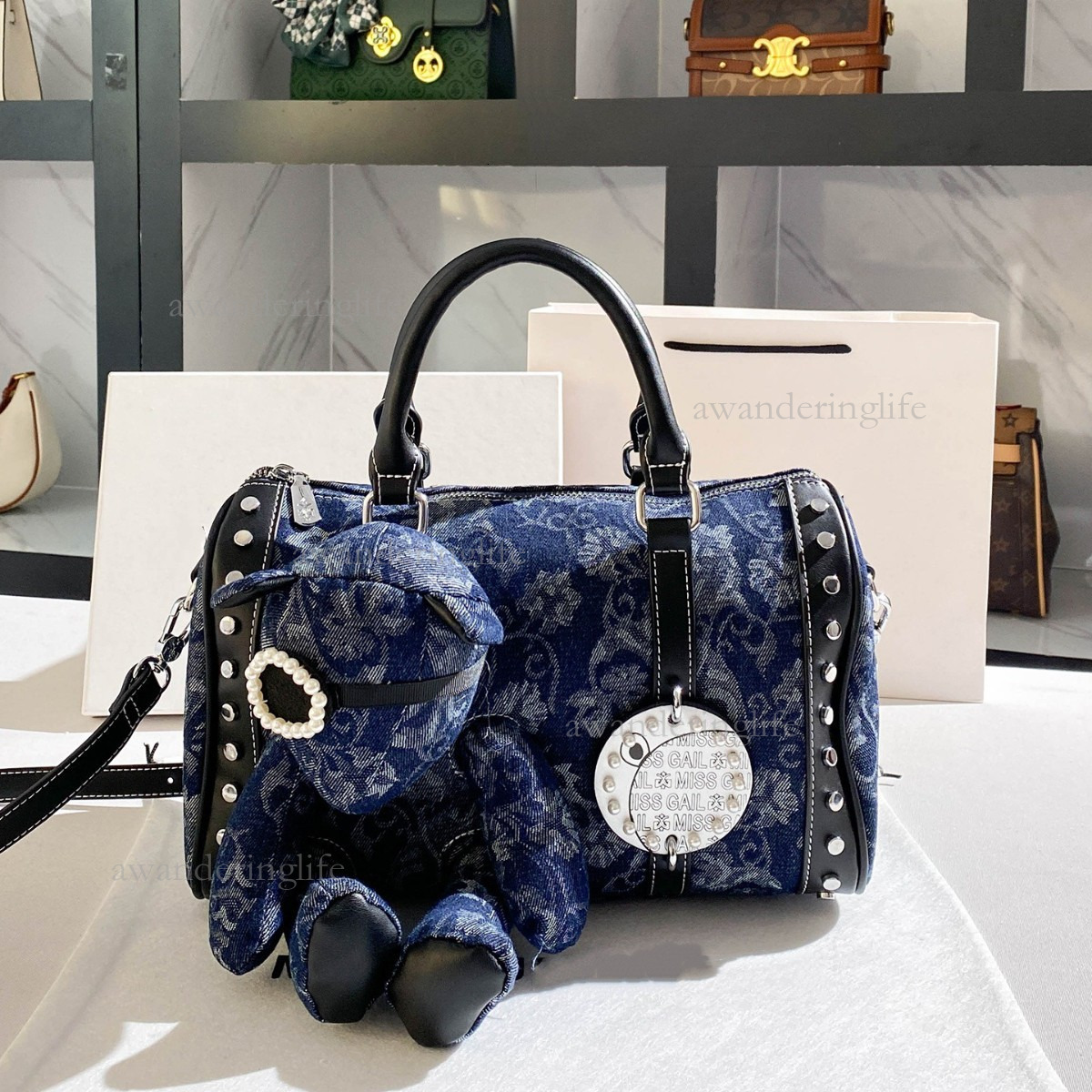 2026 Luxury New Retro Boston Bag High-end Commuting Denim Women's Shoulder Bag Fashionable Versatile Mini Rivet Student Casual Bag Trendy Pendant