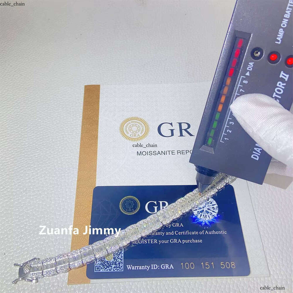 VVS Moissanite Hip-Hop Rapper Style Custom Pass New Design 9mm Long Stick Bread + Round VVS1 Silicon Stone Cluster Tennis Cuban Chain Bracelet