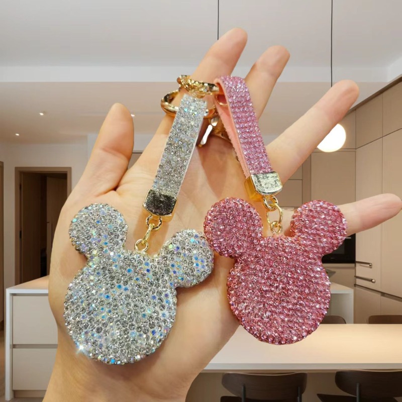 Rhinestone Crystal Cartoon Keychain Sparkling Mouse Head Pendant Fashion Car Keyring Bag Charm Gift For Women Girls