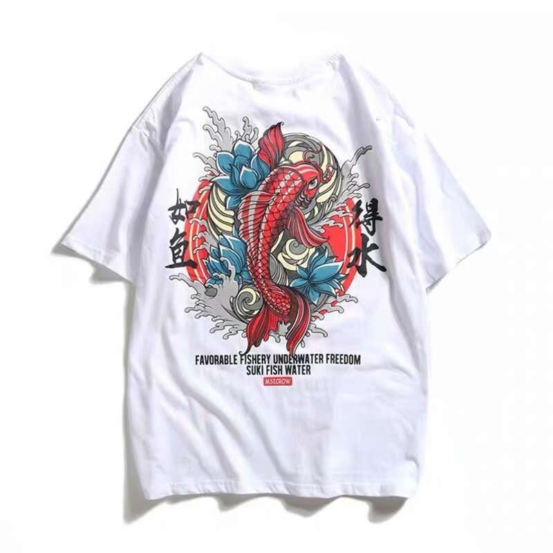 Men's T-shirt Chinese Style Koi Print Short-sleeve Available In Black And White, Back Koi And Wave Pattern With "like A Fish In Water" 