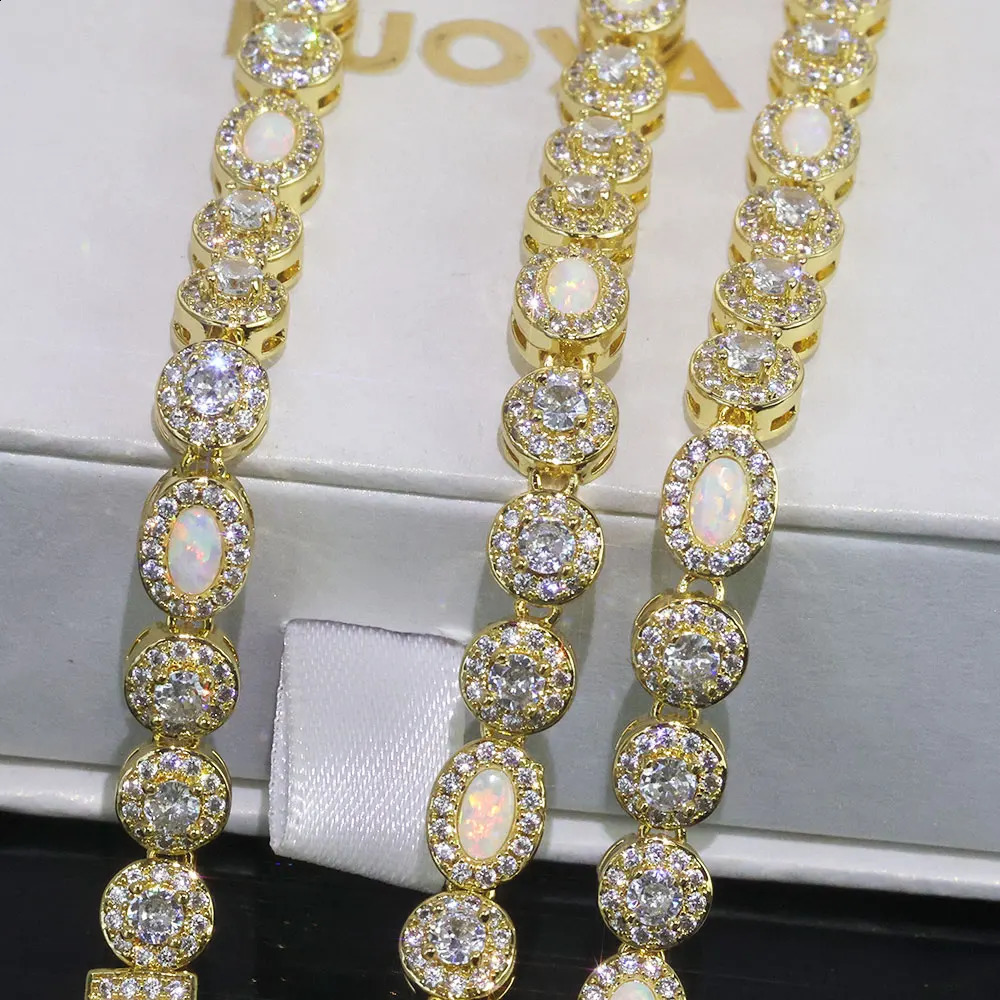 Hip Hop White CZ Flame Opal Tennis Chain Jewelry Round Cubic Zircon Oval Diamond Iced Out Cluster Necklace for Women 260206