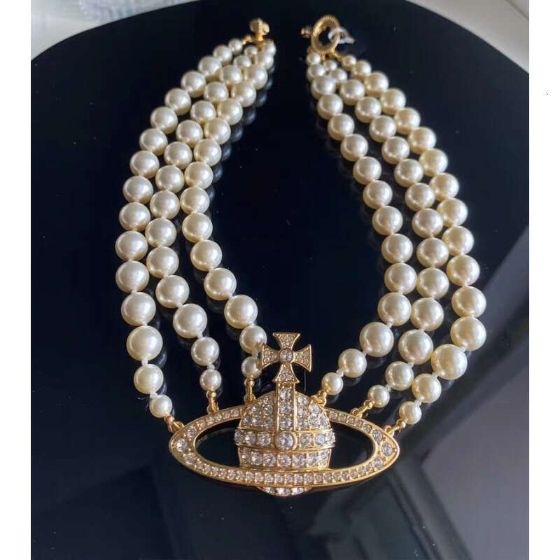 Elegant Light Luxury Triple-Tier Full Zircon Saturn Necklace for Women, Exquisite Designer Pearl Collar Stylish Daily Wear Jewelry
