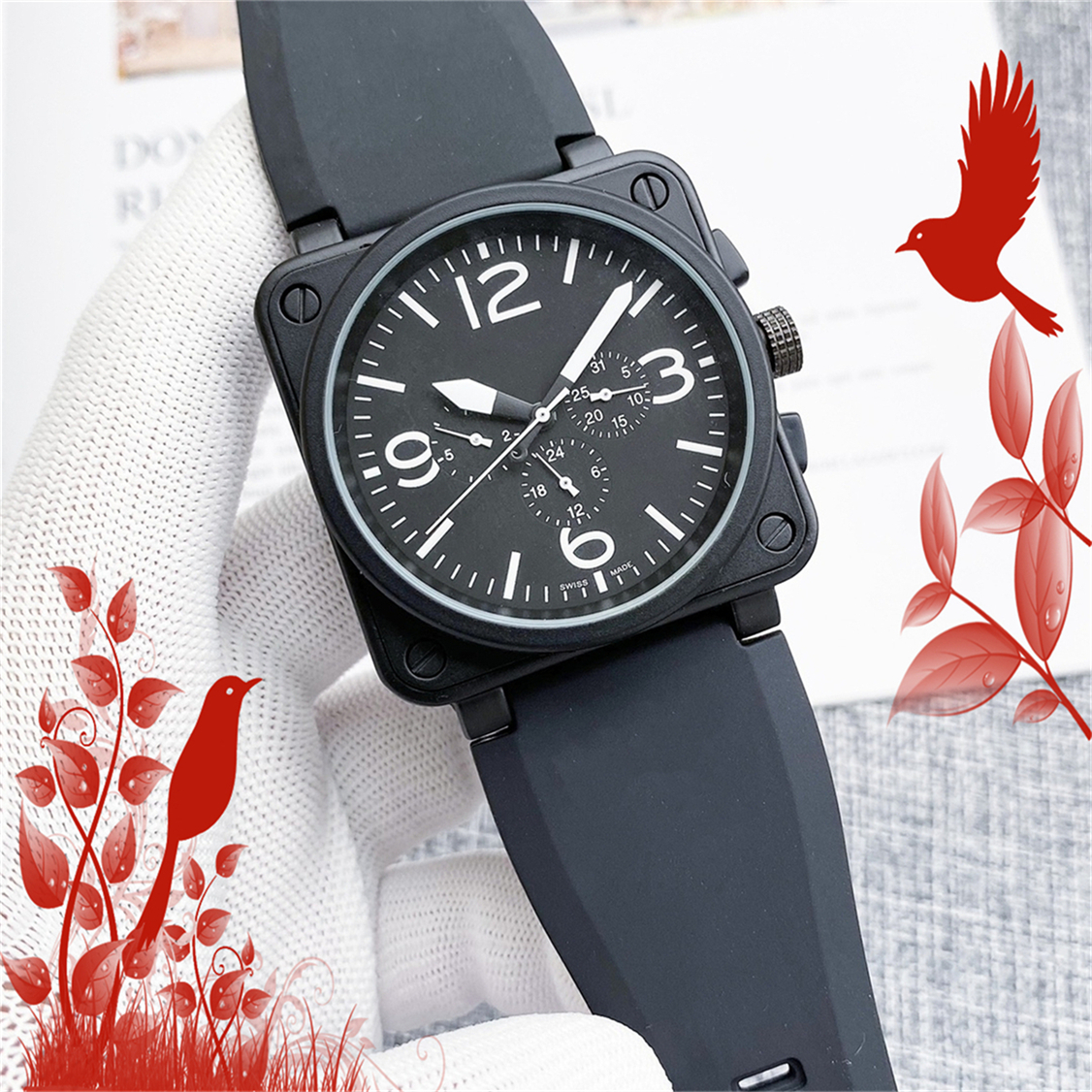 Mens INSTRUMENTS BELLity & ROSSity Wristwatches Men Automatic Mechanical Watch Brown Leather Black Rubber watches Multifunction Six Stitches #768