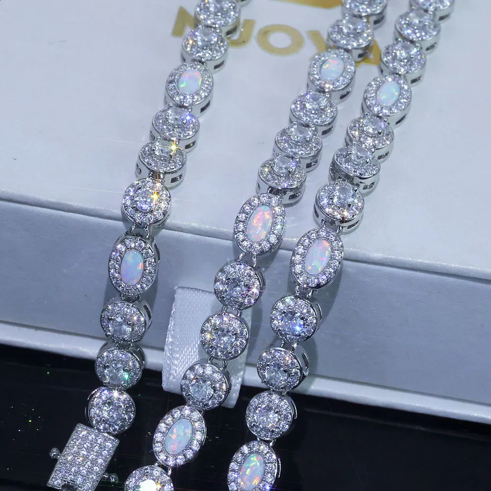 Hip Hop White CZ Flame Opal Tennis Chain Jewelry Round Cubic Zircon Oval Diamond Iced Out Cluster Necklace for Women 260206