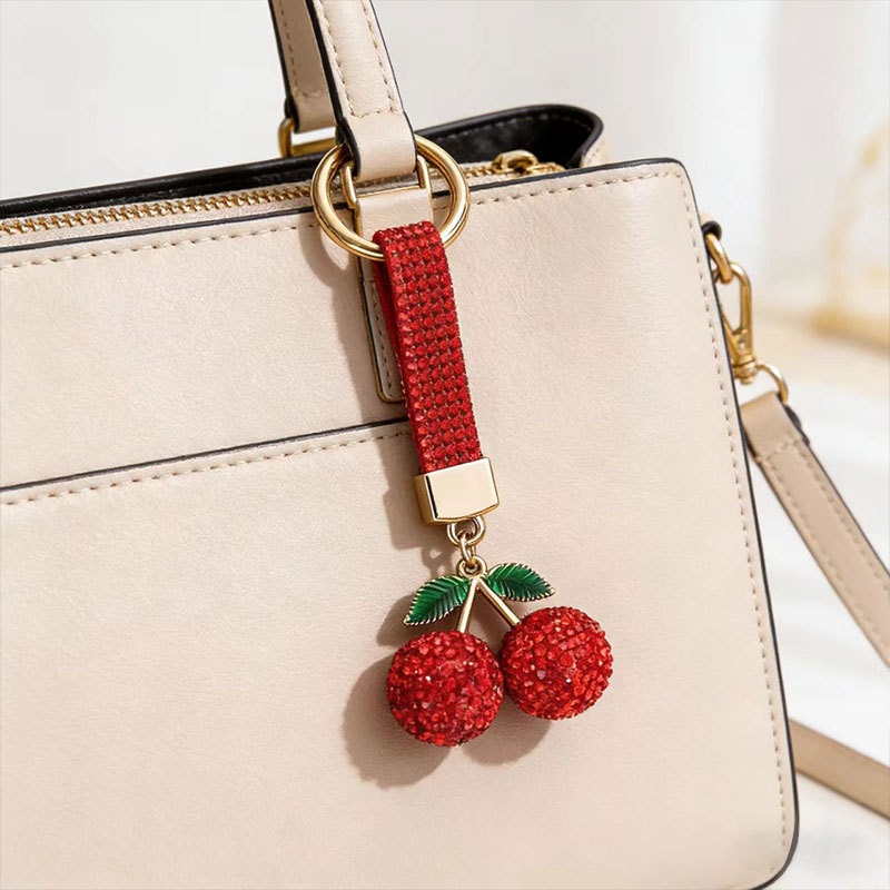 Sparkling Rhinestone Cherry Keychain Crystal Fruit Pendant Fashion Bag Charm Car Keyring For Women Girls Gift