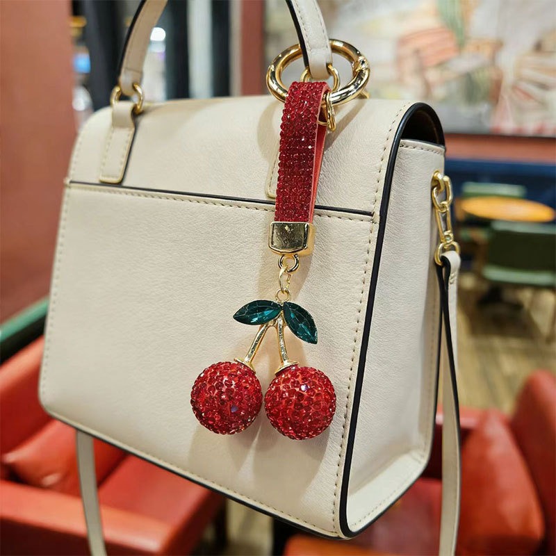Sparkling Rhinestone Cherry Keychain Crystal Fruit Pendant Fashion Bag Charm Car Keyring For Women Girls Gift