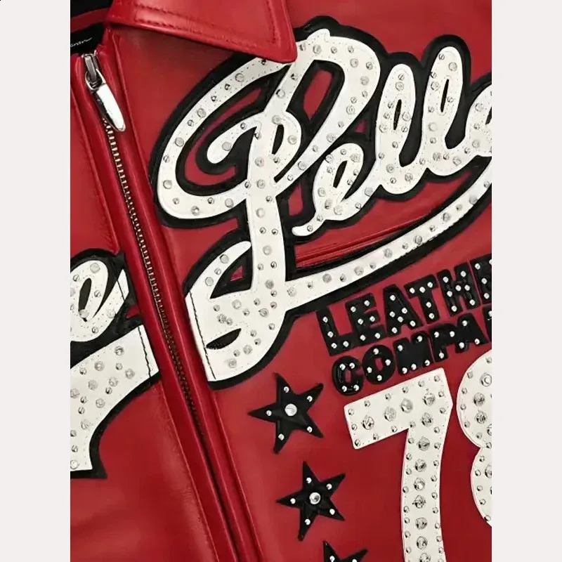 Streetwear Retro Red Leather Jacket Y2K Men Women Hip Hop Letter Embroidery Rhinestone Oversized Motorcycle Jacket Casual Coats 260209