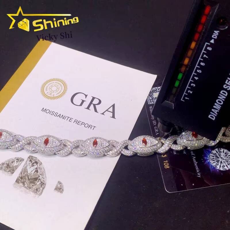 New Design S925 Silver Iced Out Moissanite Evil Eyes Cuban Link Bracelet Custom Men Full Diamond Hip Hop Cuban Bracelet