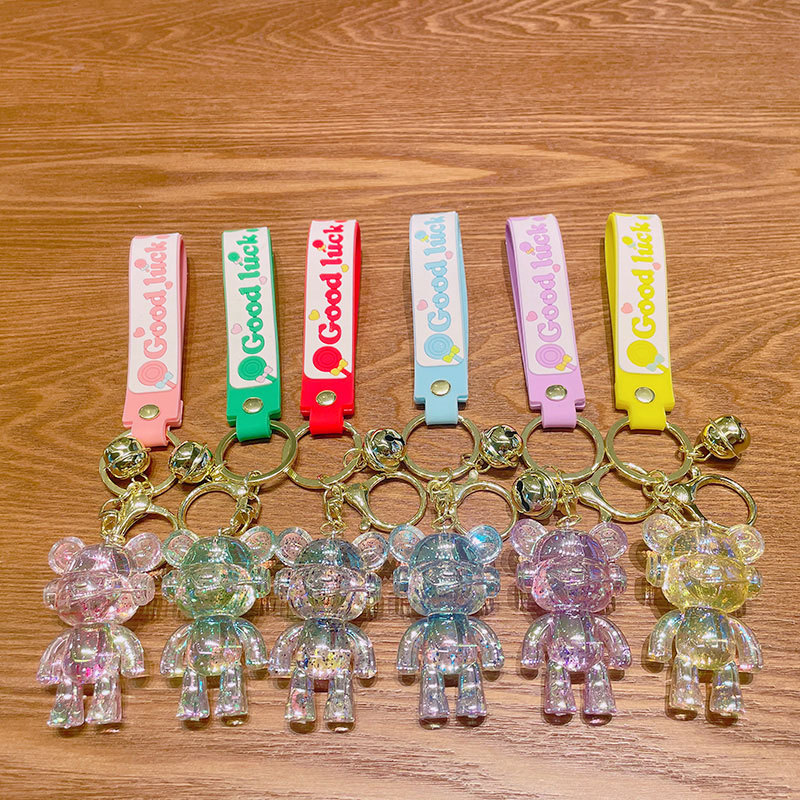 Transparent Glitter Bear Keychain Cute Acrylic Pendant With Bell Fashion Bag Charm Car Keyring Good Luck Gift For Women