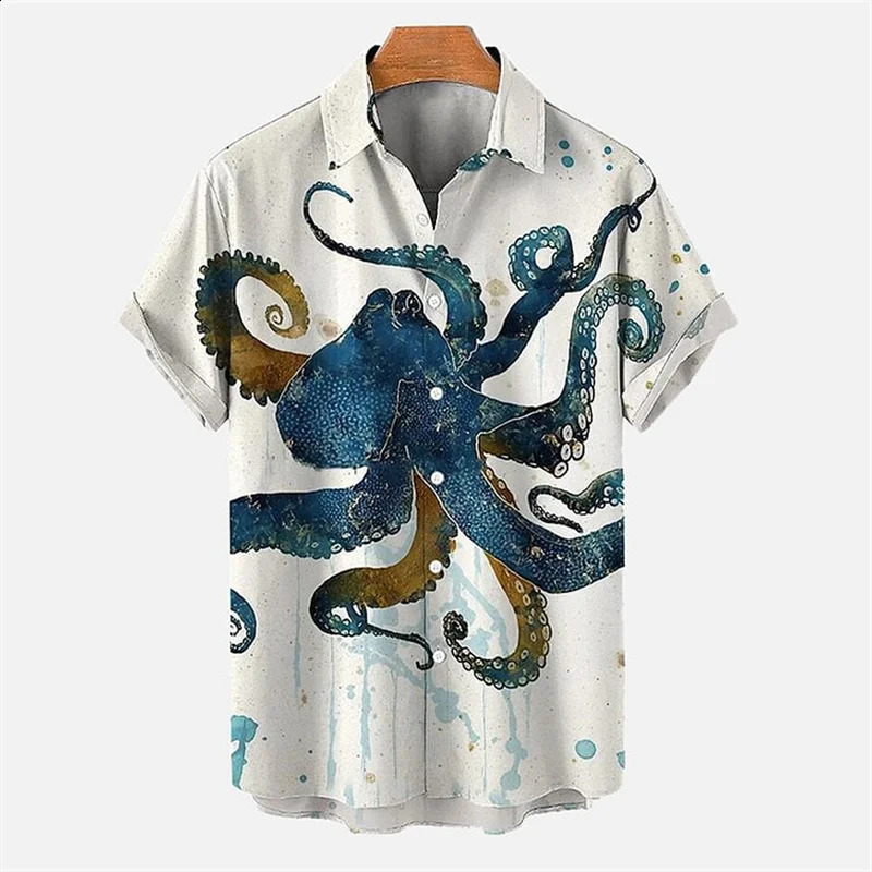 3D Octopus Printed Mens Linen Shirt Short Sleeve Folding Casual Fashion Summer 260209