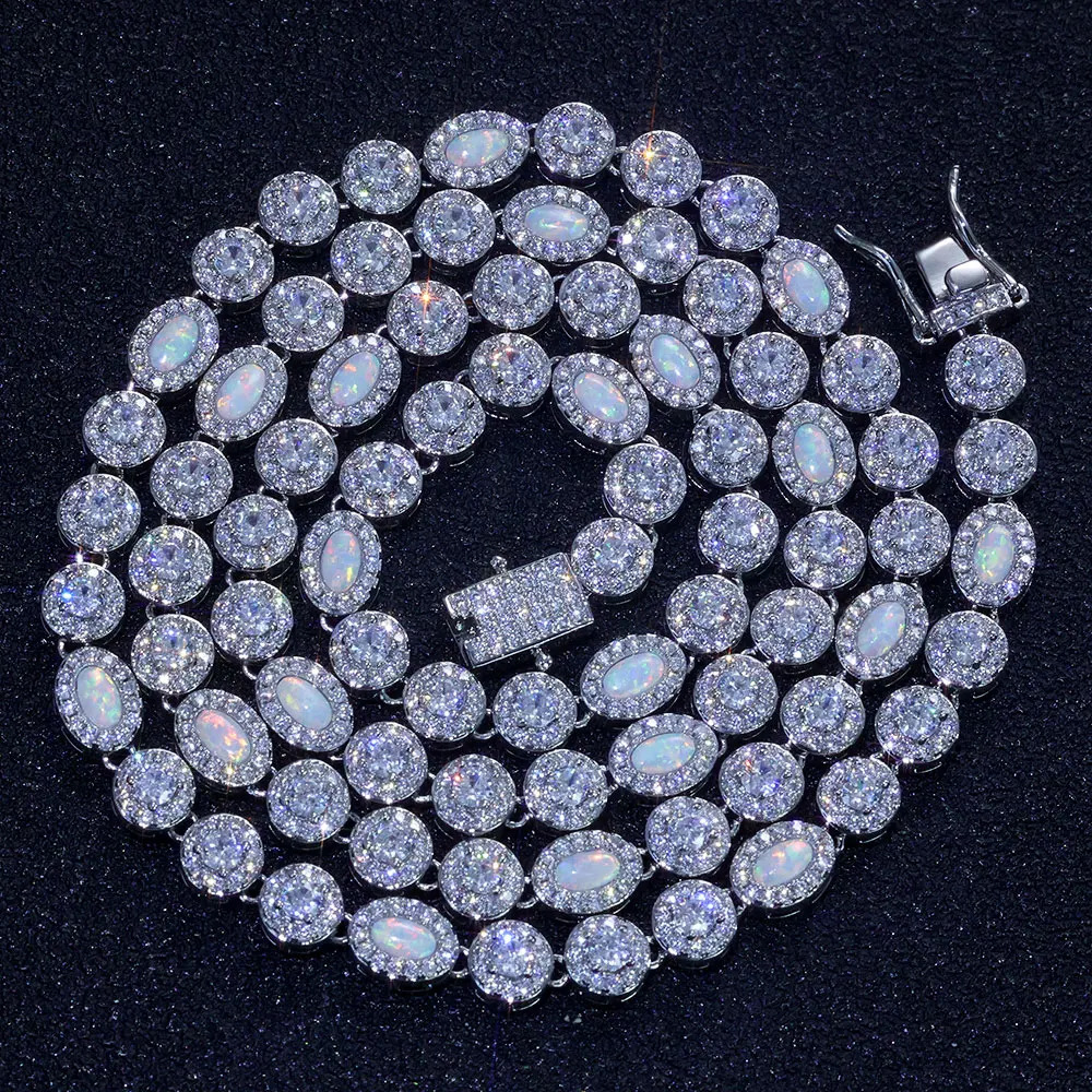 Hip Hop White CZ Flame Opal Tennis Chain Jewelry Round Cubic Zircon Oval Diamond Iced Out Cluster Necklace for Women 260206