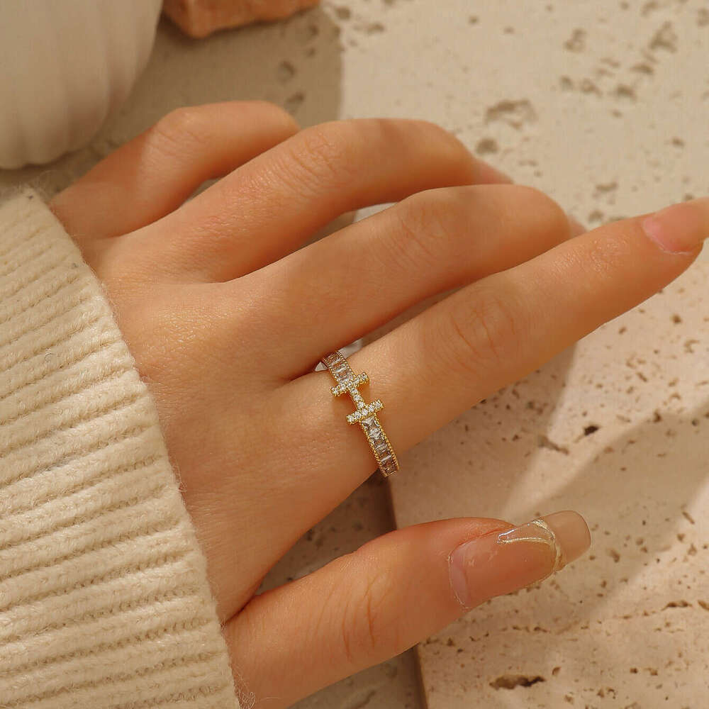 Ring Gold Plated Cubic Zirconia H Letter Open Adjustable Band Non Fading Light Luxury Niche for Daily Wear and Special Occasion Gift High Quality Text