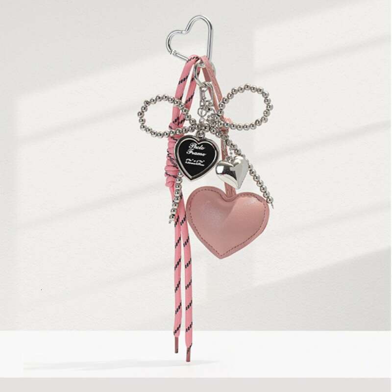 Girly Silver Bead Bow Charm Bag Pendant Leather Heart-shaped Personalized Woven Rope Keychain Ornament