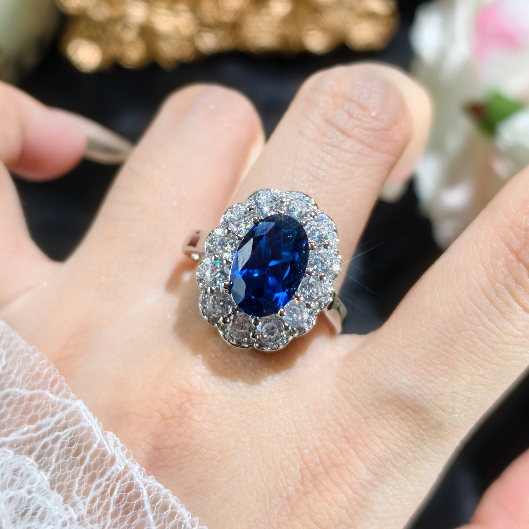 2026 Choucong Wedding Jewelry Sets Luxury Jewelry 18K White Gold Fill Oval Cut Blue Sapphire CZ Diamond Gemstones Elegant Open Ring Stud Earring Princ