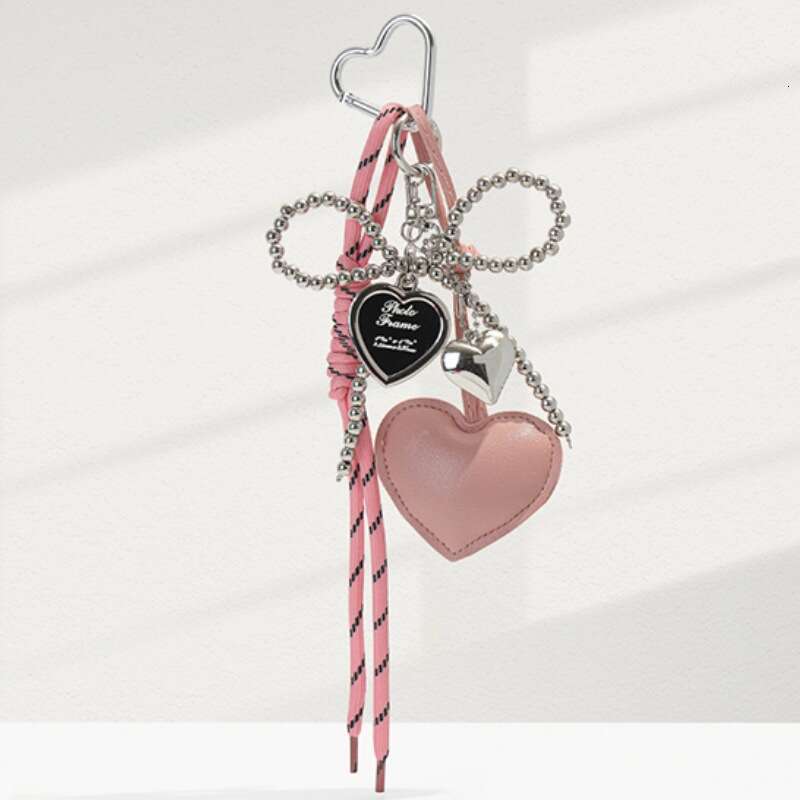 Girly Silver Bead Bow Charm Bag Pendant Leather Heart-shaped Personalized Woven Rope Keychain Ornament