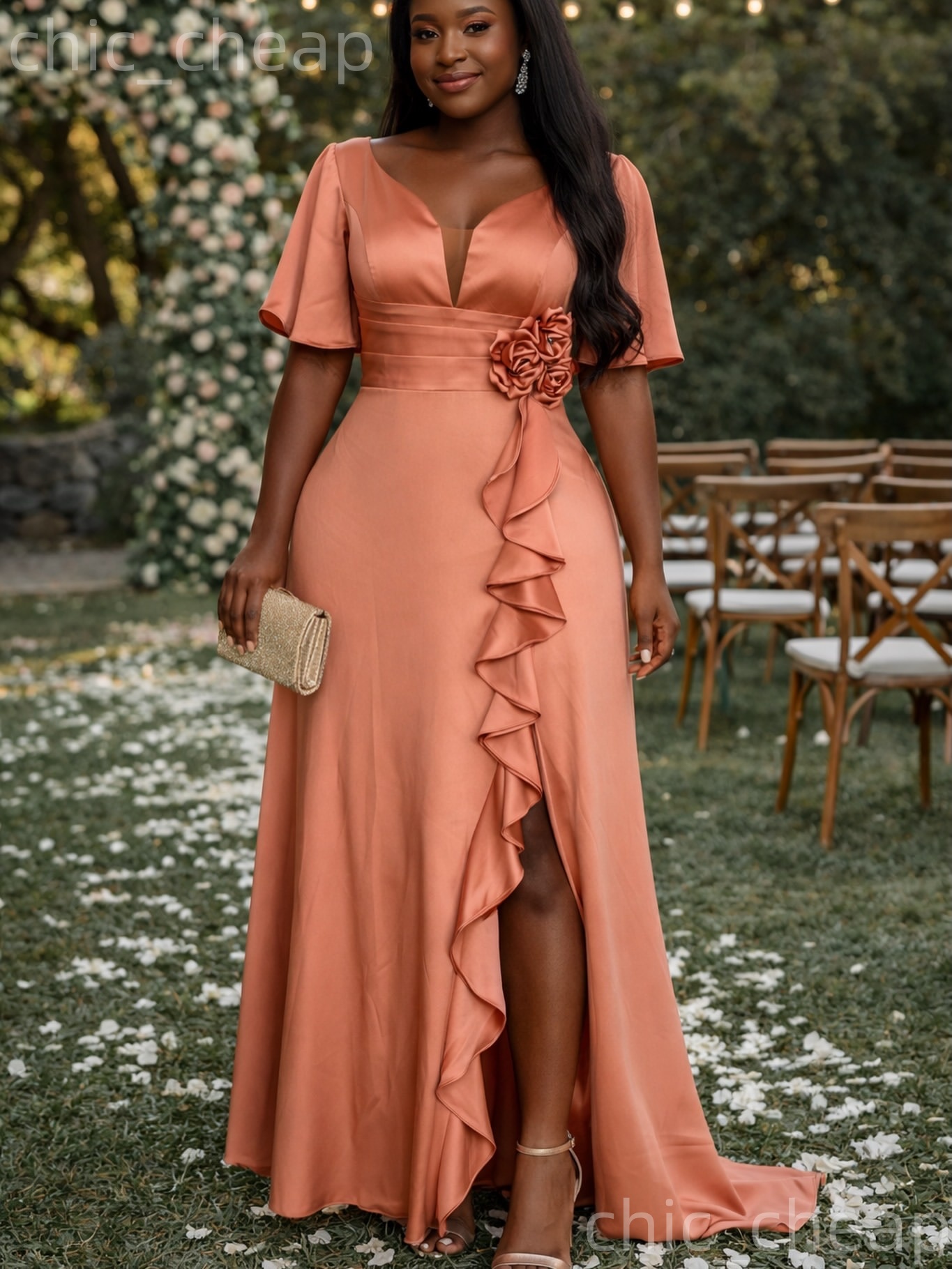 2026 Plus Size Peach A-line Mother Of Bride Dresses V-neck Short Sleeves Elastic Satin Evening Party Mama's Dress Vintage 50's Birthday Wedd