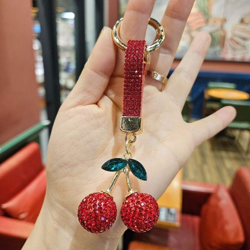Sparkling Rhinestone Cherry Keychain Crystal Fruit Pendant Fashion Bag Charm Car Keyring For Women Girls Gift
