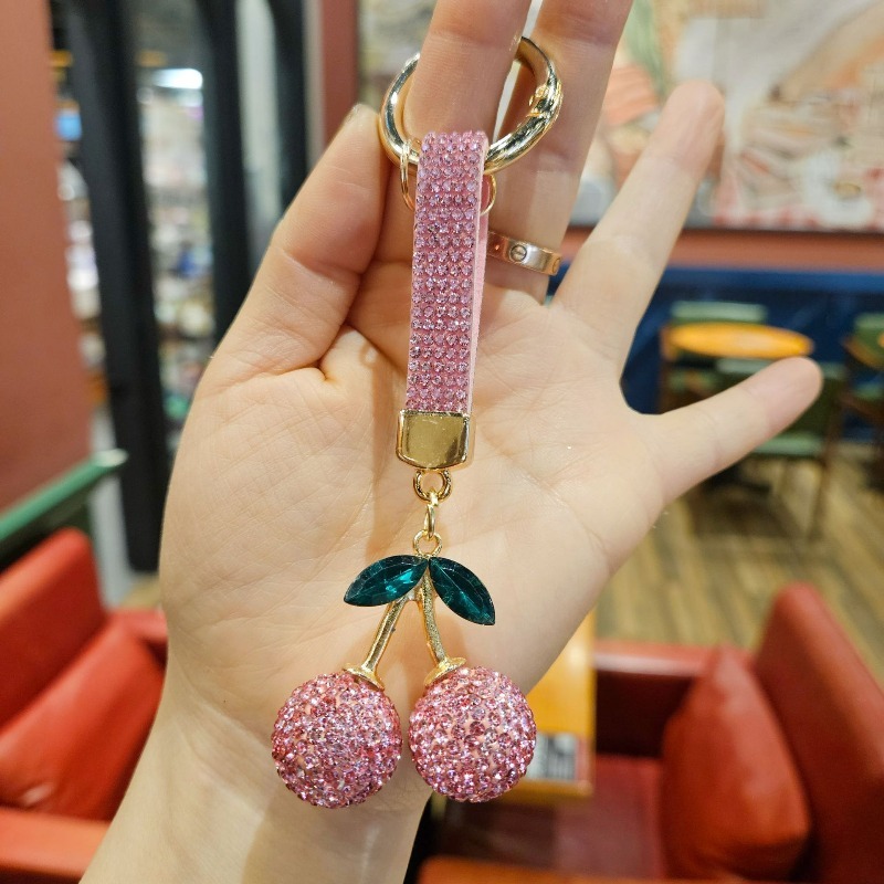 Sparkling Rhinestone Cherry Keychain Crystal Fruit Pendant Fashion Bag Charm Car Keyring For Women Girls Gift