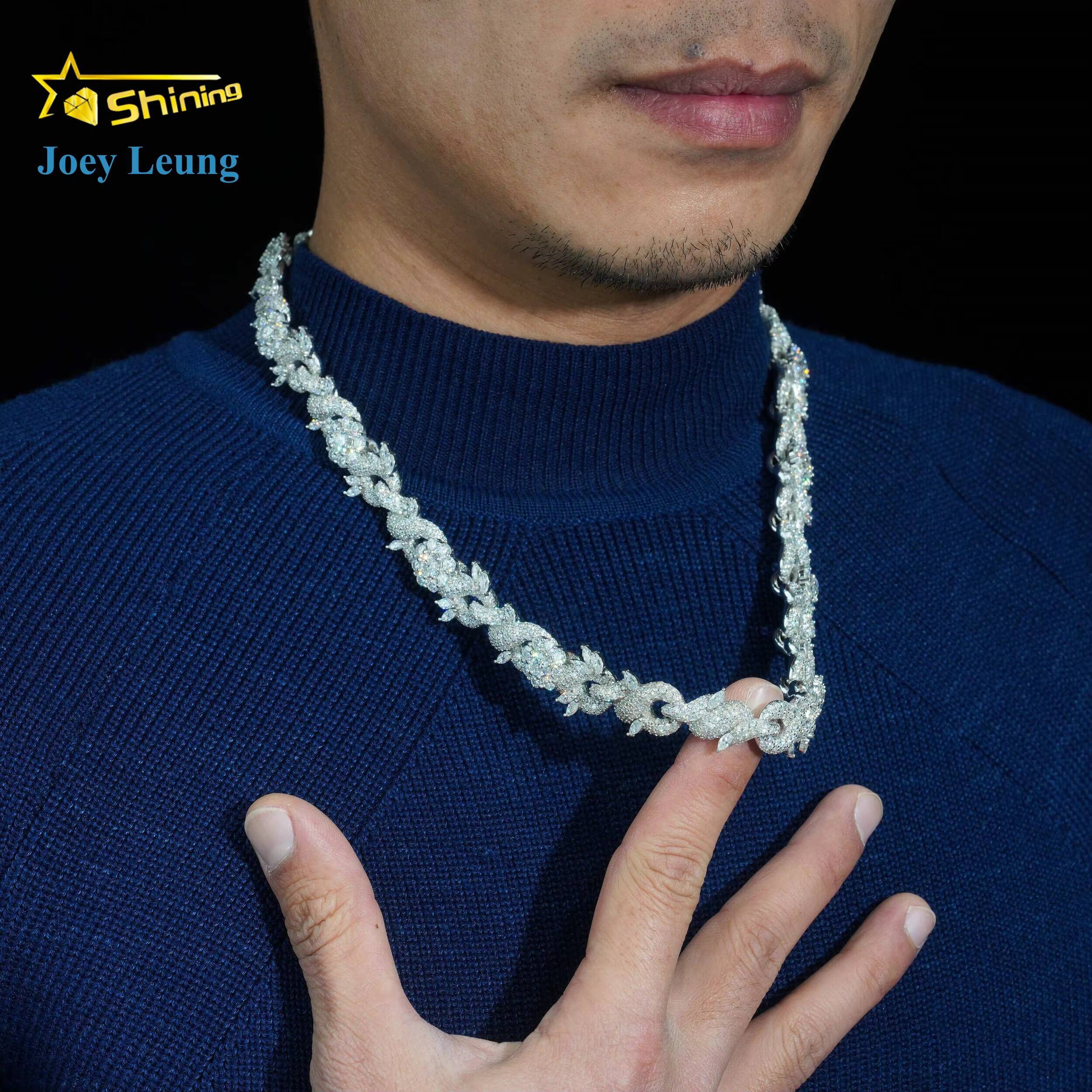 New Custom Design Silver 925 Fashion Luxury Flower Moissanite Diamond Hip Hop Jewelry Iced Out 15MM Cuban Link Chain